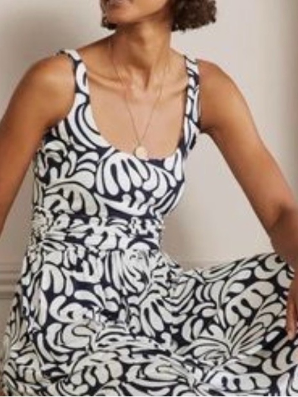 Boden scoop neck jersey midi dress navy blue white palm swirl
